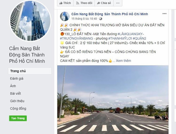 Mot trang Facebook gia mao hiep hoi bat dong san TPHCM. Anh chup man hinh.